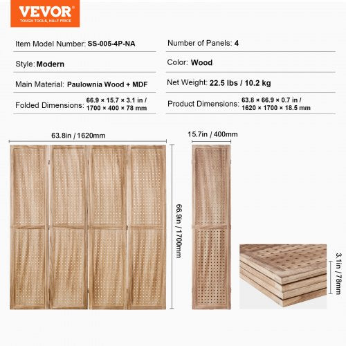 Wood Room Divider 4 Panel Wood Folding Privacy Screen 66.9 Inches Tall