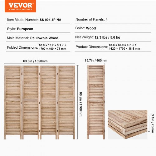 Wood Room Divider 4 Panel Wood Folding Privacy Screen 66.9 Inches Tall