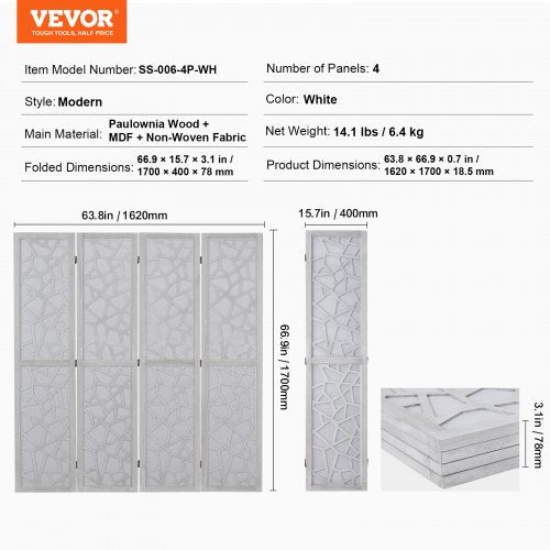 Wood Room Divider 4 Panel Wood Folding Privacy Screen 66.9 Inches Tall