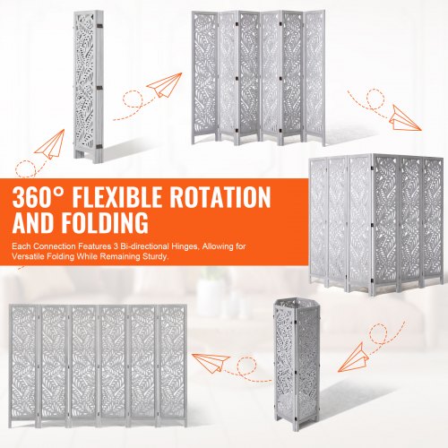 Wood Room Divider 6 Panel Wood Folding Privacy Screen 66.9 Inches Tall