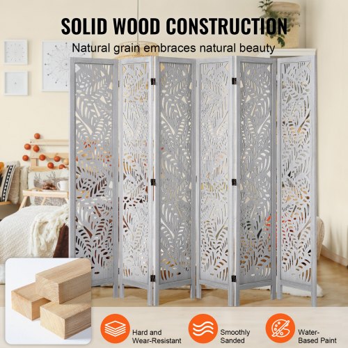 Wood Room Divider 6 Panel Wood Folding Privacy Screen 66.9 Inches Tall