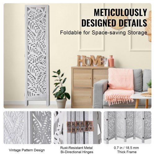 Wood Room Divider 6 Panel Wood Folding Privacy Screen 66.9 Inches Tall