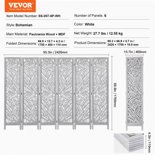 Wood Room Divider 6 Panel Wood Folding Privacy Screen 66.9 Inches Tall
