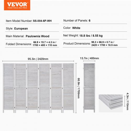 Wood Room Divider 6 Panel Wood Folding Privacy Screen 66.9 Inches Tall