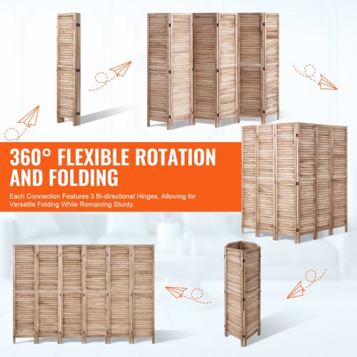 Wood Room Divider 6 Panel Wood Folding Privacy Screen 66.9 Inches Tall
