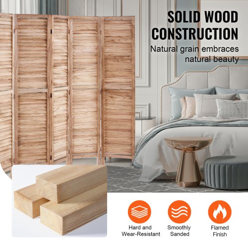 Wood Room Divider 6 Panel Wood Folding Privacy Screen 66.9 Inches Tall