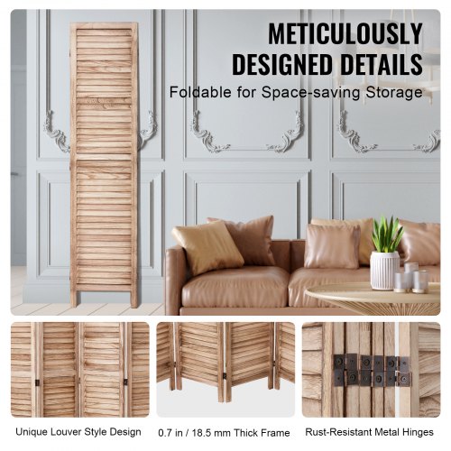 Wood Room Divider 6 Panel Wood Folding Privacy Screen 66.9 Inches Tall