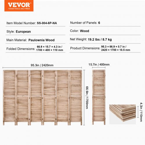 Wood Room Divider 6 Panel Wood Folding Privacy Screen 66.9 Inches Tall