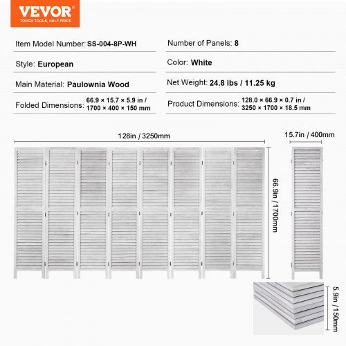 Wood Room Divider 8 Panel Wood Folding Privacy Screen 66.9 Inches Tall