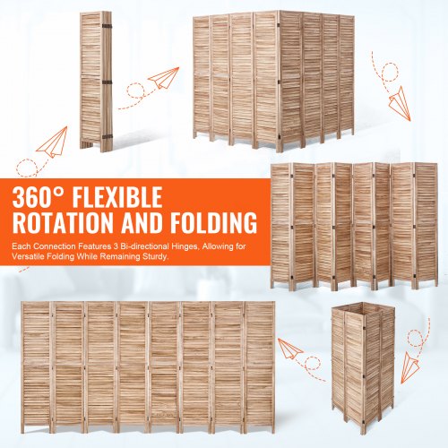 Wood Room Divider 8 Panel Wood Folding Privacy Screen 66.9 Inches Tall