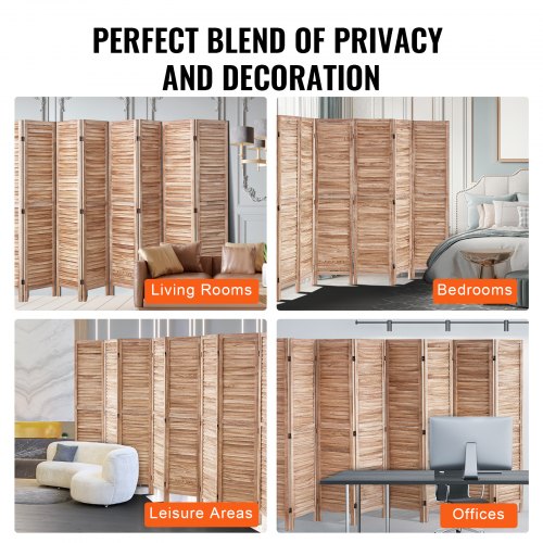Wood Room Divider 8 Panel Wood Folding Privacy Screen 66.9 Inches Tall