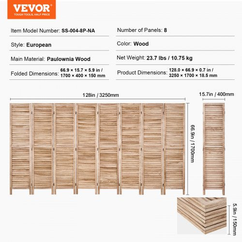 Wood Room Divider 8 Panel Wood Folding Privacy Screen 66.9 Inches Tall