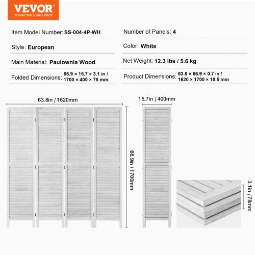 Wood Room Divider 4 Panel Folding Privacy Screen 66.9 Inches Tall Indoor