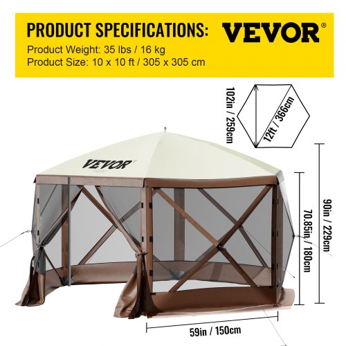 Gazebo Screen Tent 10 x 10 ft 6 Sided Popup Camping Canopy Shelter Tent