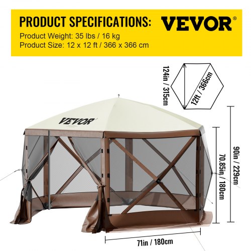 Gazebo Screen Tent 12 x 12 ft 6 Sided Popup Camping Canopy Shelter Tent