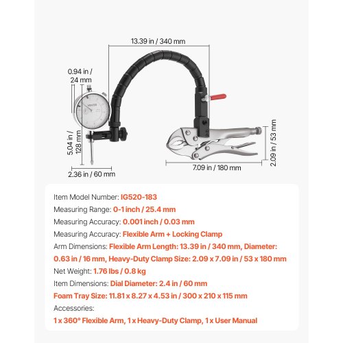 Dial Test Indicator with 360Degree Flexible Arm and 360Degree Locking