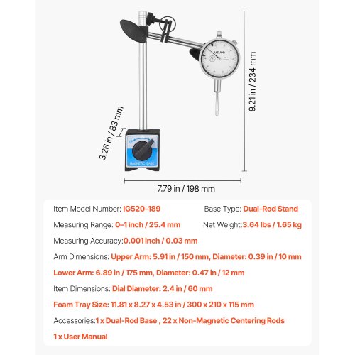 Dial Test Indicator with Dual Rod Stand and Storage Case001 inch