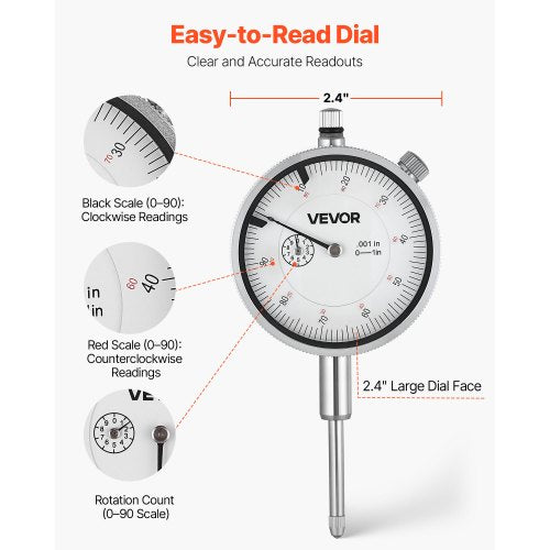 Dial Test Indicator with Metal Base001 inch Accuracy1 inch Range