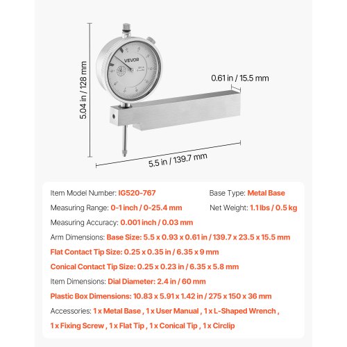 Dial Test Indicator with Metal Base001 inch Accuracy1 inch Range