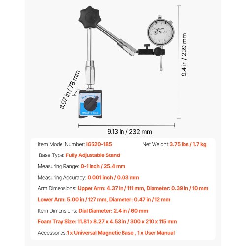 Dial Test Indicator with Magnetic Flexible Base Stand001 inch Accuracy