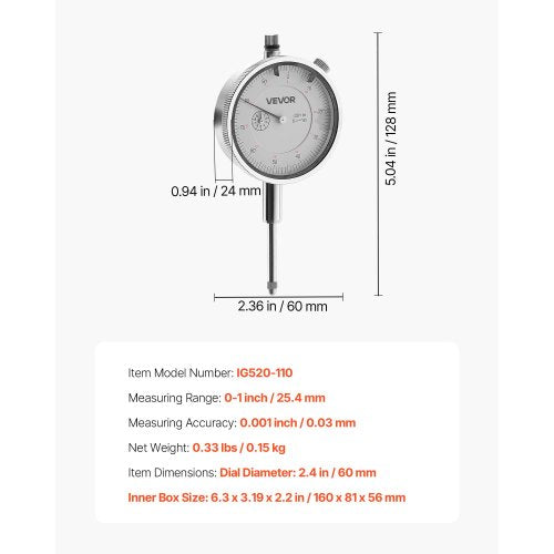 Dial Test Indicator001 inch Accuracy1 inch Measuring Range Easy to Read