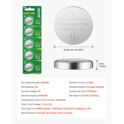 CR2450 Lithium Battery 20 Count Pack of 4 Lithium Coin Battery
