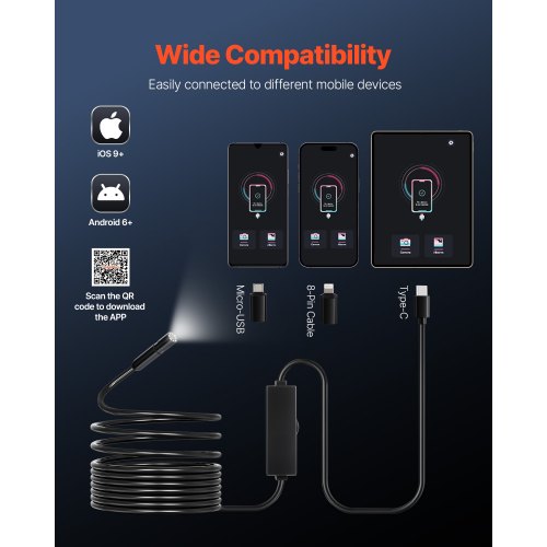 Endoscope Camera with Light 1920P HD Borescope for Android IOS 8 LED