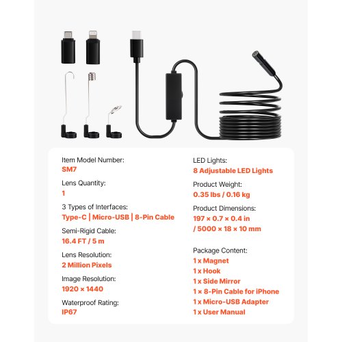 Endoscope Camera with Light 1920P HD Borescope for Android IOS 8 LED
