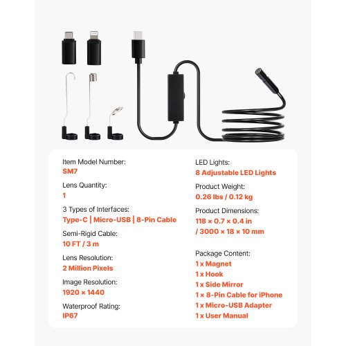 Endoscope Camera with Light 1920P HD Borescope for Android IOS 8 LED