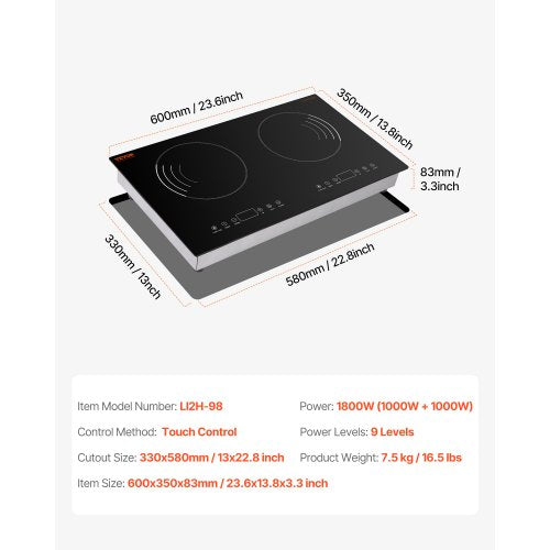 Induction Cooktop 1800W Electric Countertop Burner 2 Burner Touch Control