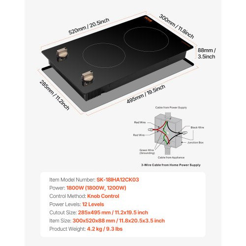 Induction Cooktop 1800W Electric Countertop Burner 2 Burner Knob Control