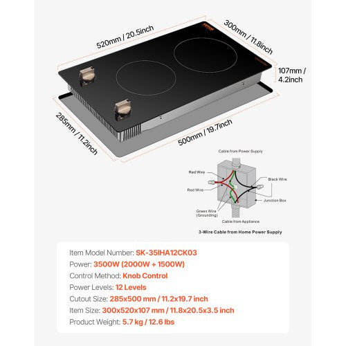 Induction Cooktop 3500W Electric Countertop Burner 2 Burner Knob Control