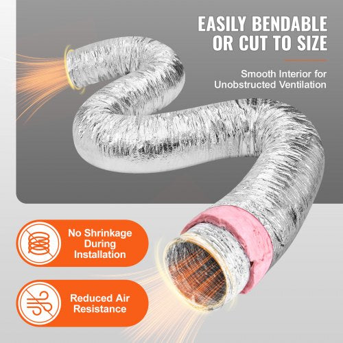 Dryer Vent Hose 10 Insulated Flexible Duct 25FT Long with 2 Duct Clamps