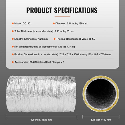 Dryer Vent Hose 5 Insulated Flexible Duct 25FT Long with 2 Duct Clamps