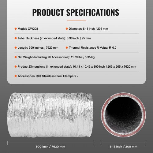Dryer Vent Hose 8 Insulated Flexible Duct 25FT Long with 2 Duct Clamps