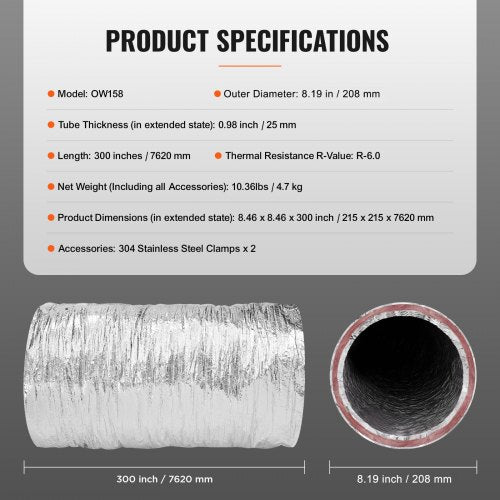 Dryer Vent Hose 6 Insulated Flexible Duct 25FT Long with 2 Duct Clamps
