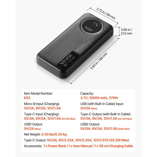 Portable Charger with Builtin Cables 10000 mAh Travel Battery Pack