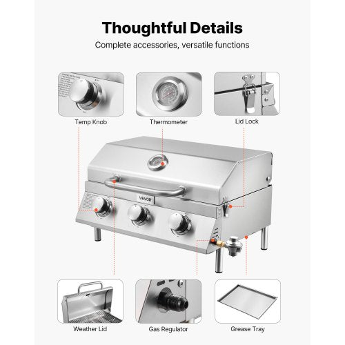 Tabletop Gas Grill 3Burner Stainless Steel Portable Propane Grill with Builtin