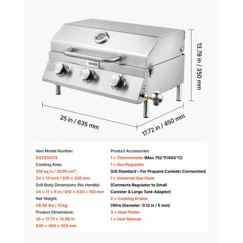 Tabletop Gas Grill 3Burner Stainless Steel Portable Propane Grill with Builtin