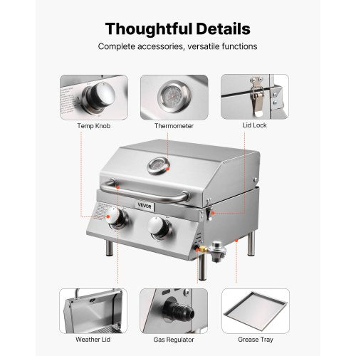 Tabletop Gas Grill 2Burner Stainless Steel Portable Propane Grill with Builtin