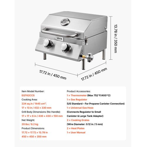 Tabletop Gas Grill 2Burner Stainless Steel Portable Propane Grill with Builtin