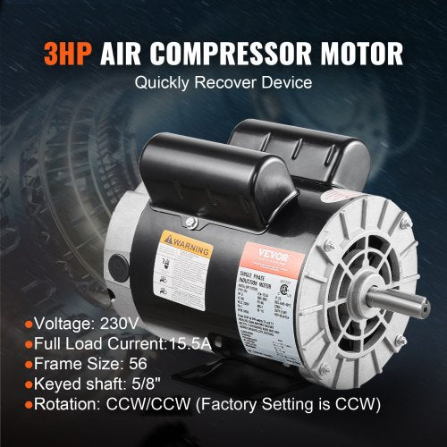 3HP Air Compressor Electric Motor 230V 15.5 Amps 56 Frame 3450RPM 58