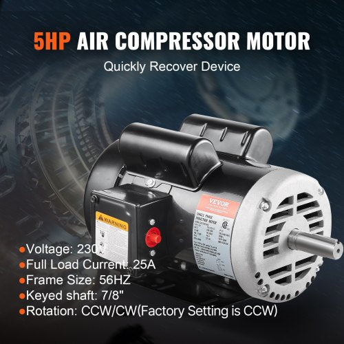 5HP Air Compressor Electric Motor 230V 25 Amps 56HZ Frame 3450RPM 78