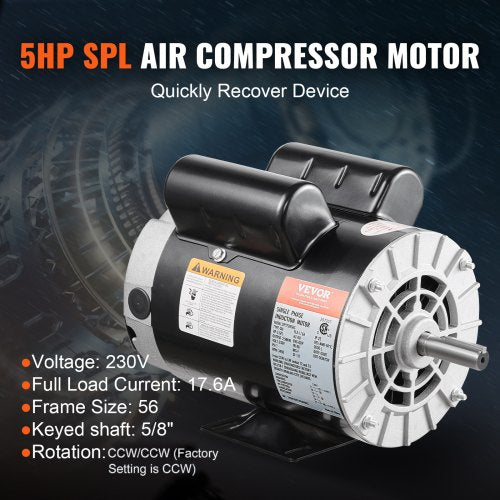 5HP SPL Air Compressor Electric Motor 230V 176Amps 56 Frame 3450RPM 58