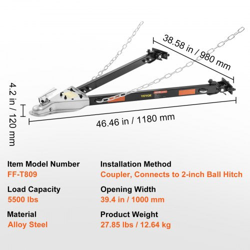 Tow Bar 5500 lbs Towing Capacity with Chains PowderCoating Alloy Steel