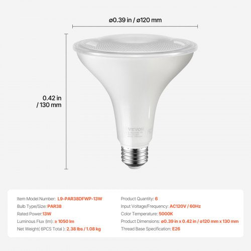 PAR38 Flood Light Bulb 6 Pack LED Outdoor Flood Lights 1050 Lumens LED