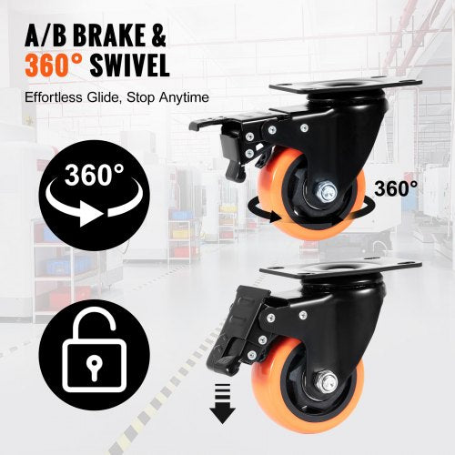Caster Wheels 3inch Swivel Plate Casters Set of 4 with Security AB