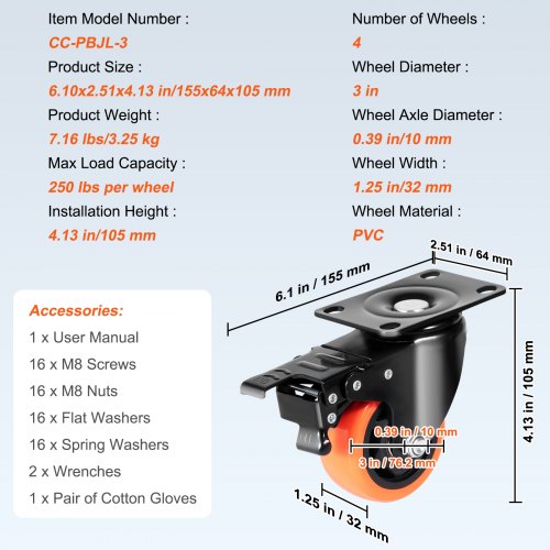 Caster Wheels 3inch Swivel Plate Casters Set of 4 with Security AB