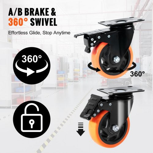 Caster Wheels 4inch Swivel Plate Casters Set of 4 with Security AB