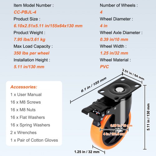 Caster Wheels 4inch Swivel Plate Casters Set of 4 with Security AB